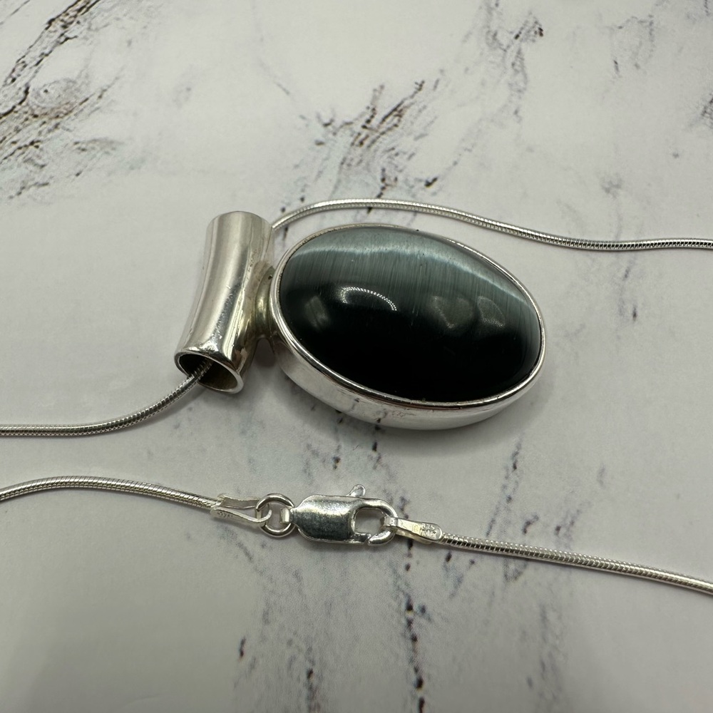 Taxco Silver Necklace with Black Cat Eye Pendant
